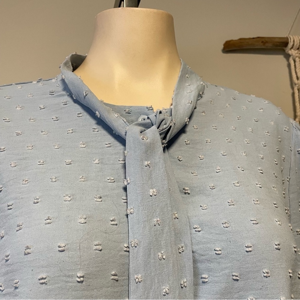 Acevog Swiss Dot Tie Neck Pussybow Button Down Blouse Top Blue Ruffled Size XL - Picture 3 of 6